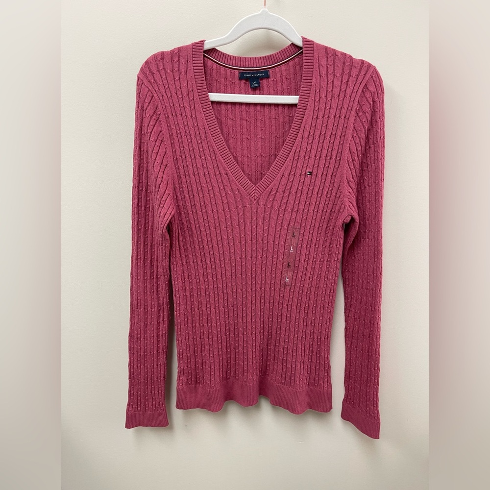 Tommy Hilfiger Rose Baby Cable Knit Pullover VNeck Sweater